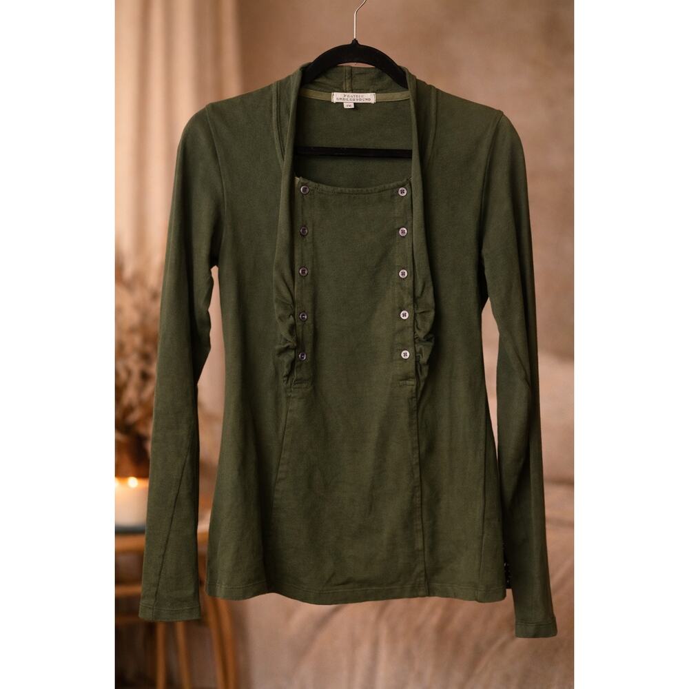 Prairie Underground Olive Button Detail Knit Top Ruched Long Sleeve XS Casual